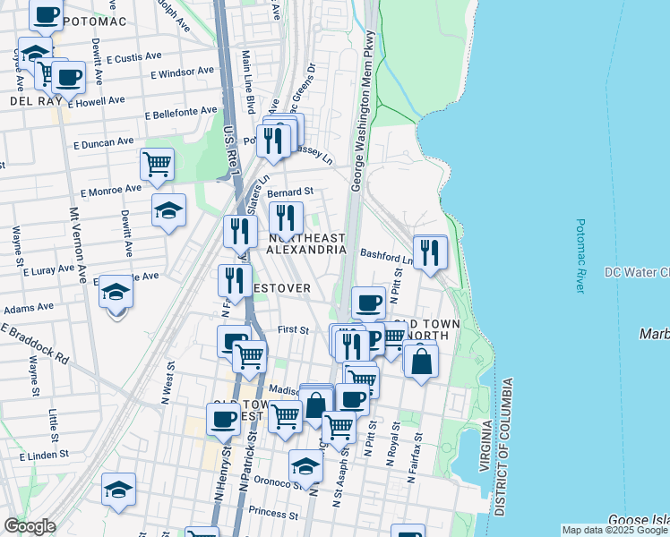 map of restaurants, bars, coffee shops, grocery stores, and more near 703 West Abingdon Court in Alexandria