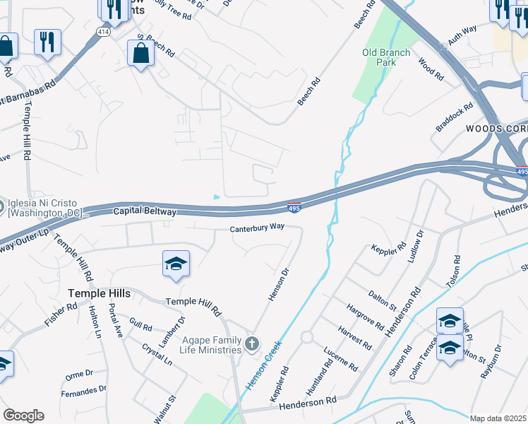 map of restaurants, bars, coffee shops, grocery stores, and more near in Temple Hills