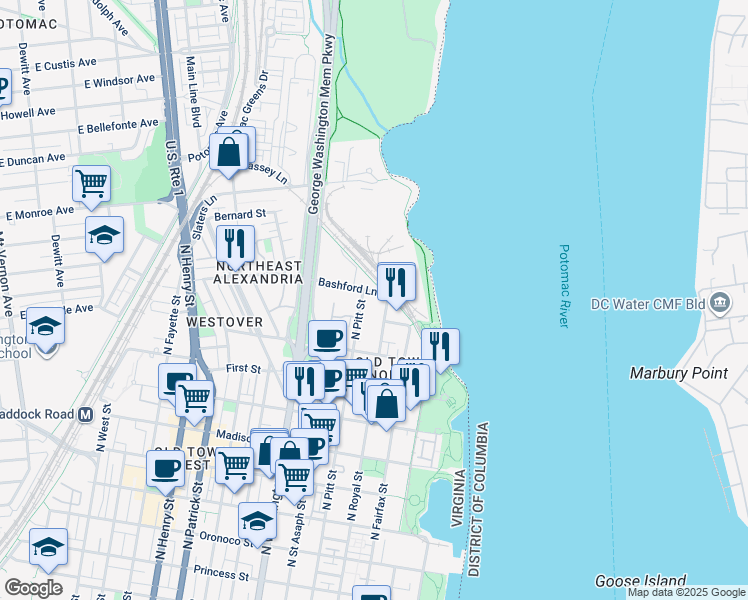 map of restaurants, bars, coffee shops, grocery stores, and more near 404 Bashford Lane in Alexandria