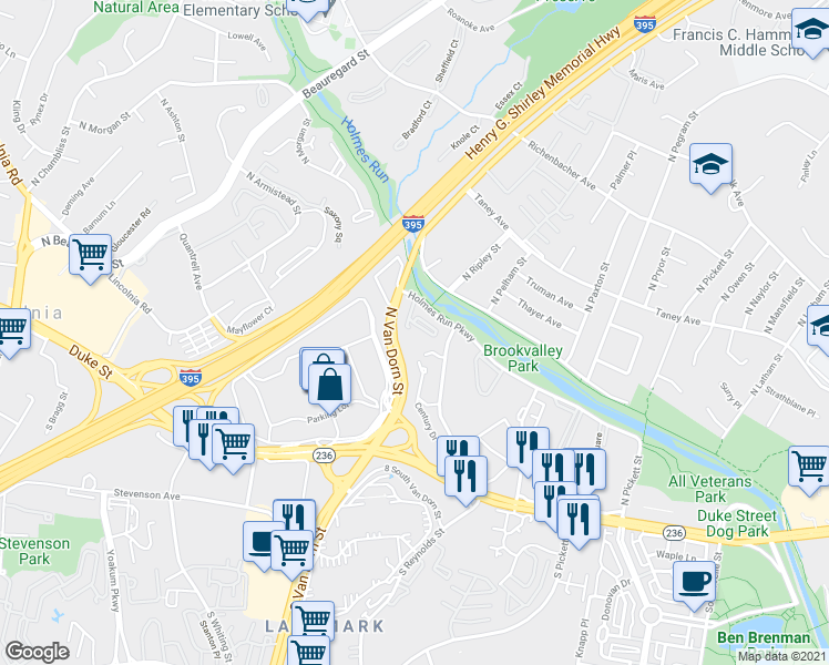 map of restaurants, bars, coffee shops, grocery stores, and more near 5500 Holmes Run Parkway in Alexandria
