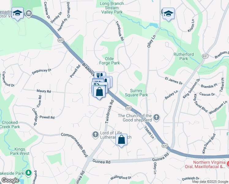 map of restaurants, bars, coffee shops, grocery stores, and more near 4822 Twinbrook Road in Fairfax