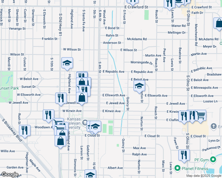 map of restaurants, bars, coffee shops, grocery stores, and more near 232 East Minneapolis Avenue in Salina
