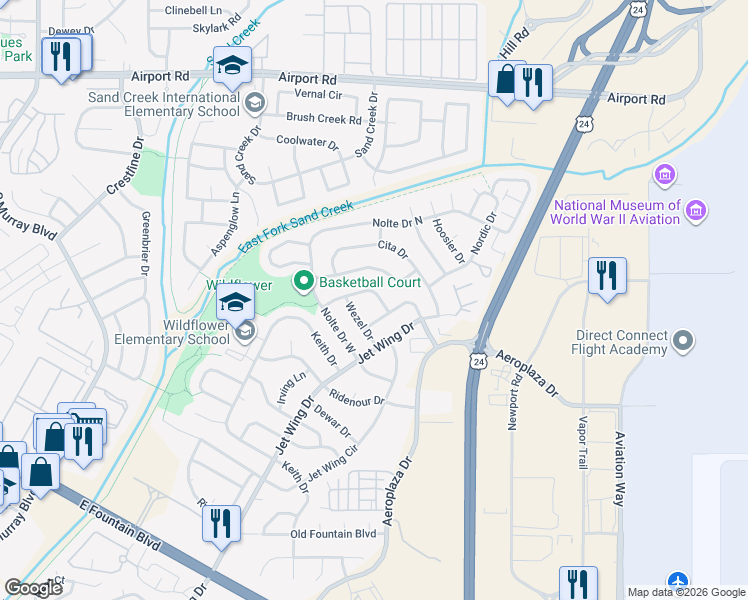 map of restaurants, bars, coffee shops, grocery stores, and more near 5020 Wezel Circle in Colorado Springs