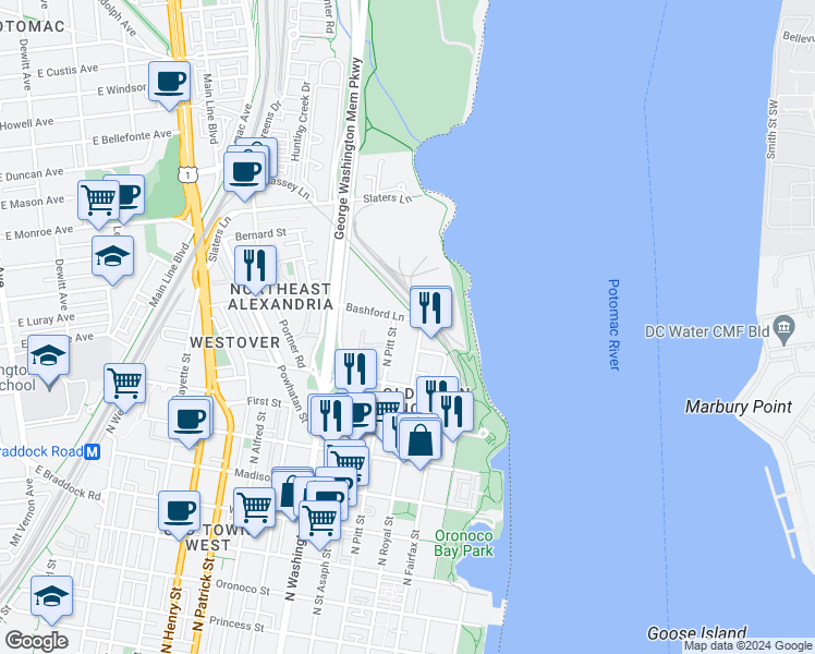 map of restaurants, bars, coffee shops, grocery stores, and more near 402 Bashford Lane in Alexandria