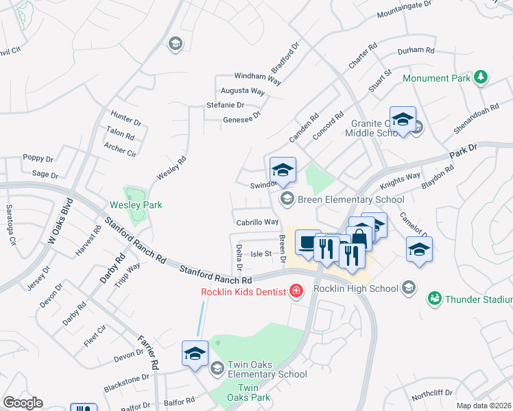 map of restaurants, bars, coffee shops, grocery stores, and more near 5333 Swindon Road in Rocklin