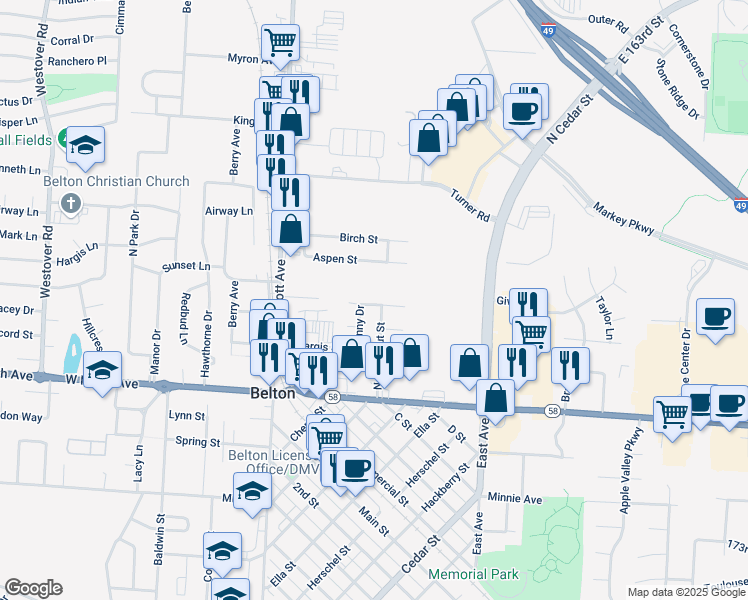 map of restaurants, bars, coffee shops, grocery stores, and more near 212 North Oak Drive in Belton