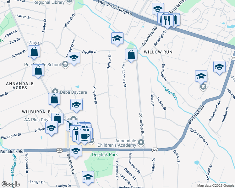 map of restaurants, bars, coffee shops, grocery stores, and more near 6818 Silver Lane in Annandale