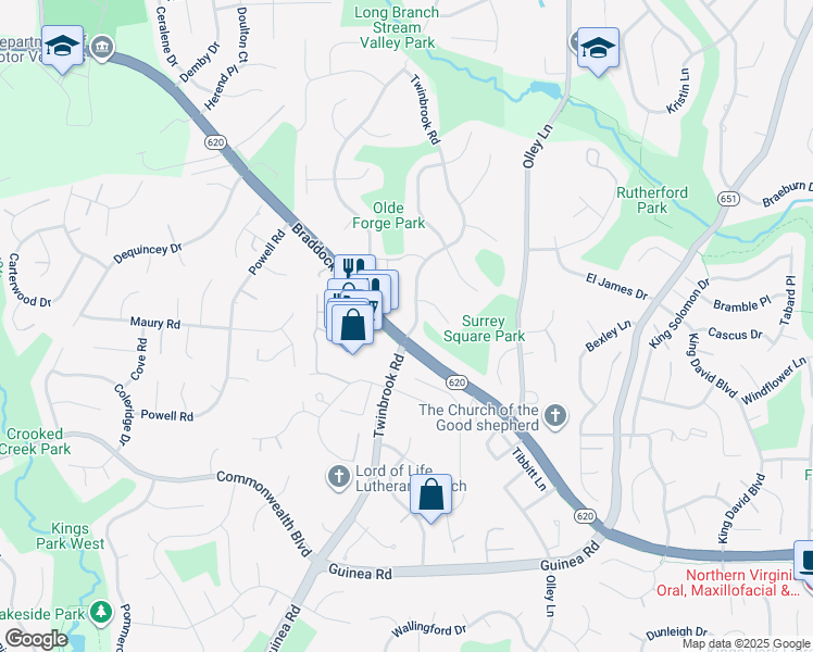 map of restaurants, bars, coffee shops, grocery stores, and more near 4822 Twinbrook Road in Fairfax