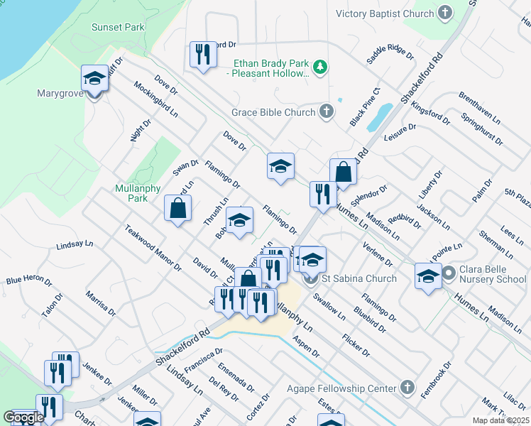 map of restaurants, bars, coffee shops, grocery stores, and more near 1970 Flamingo Drive in Florissant