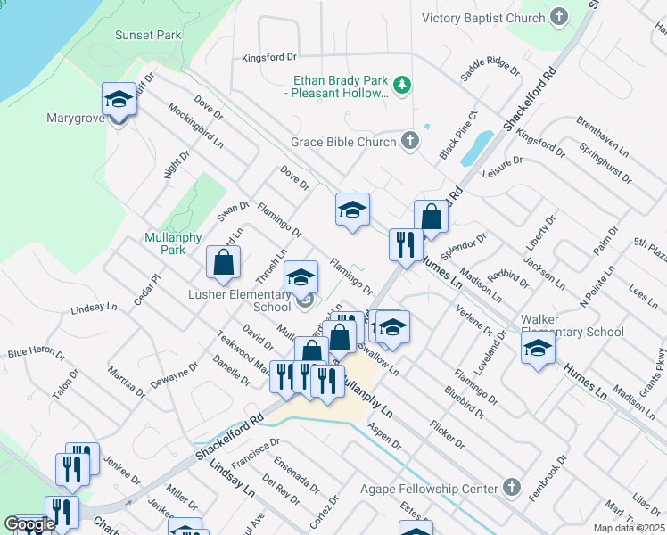 map of restaurants, bars, coffee shops, grocery stores, and more near 1970 Flamingo Drive in Florissant