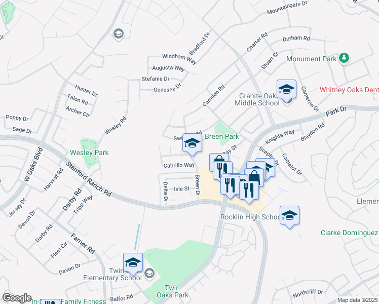 map of restaurants, bars, coffee shops, grocery stores, and more near 2751 Breen Drive in Rocklin