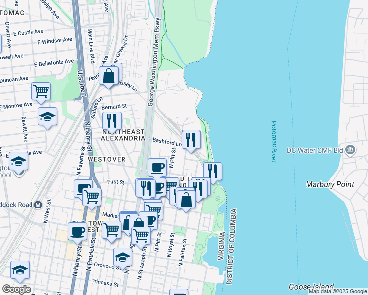map of restaurants, bars, coffee shops, grocery stores, and more near 402 Bashford Lane in Alexandria