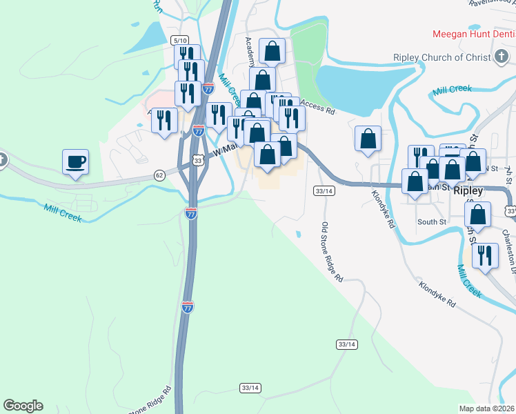 map of restaurants, bars, coffee shops, grocery stores, and more near 110 Memorial Drive in Ripley