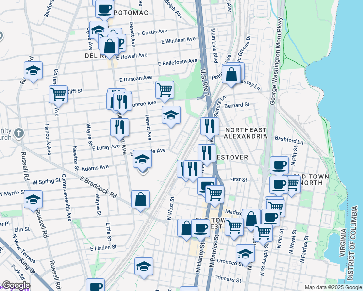 map of restaurants, bars, coffee shops, grocery stores, and more near 1222 Main Line Boulevard in Alexandria