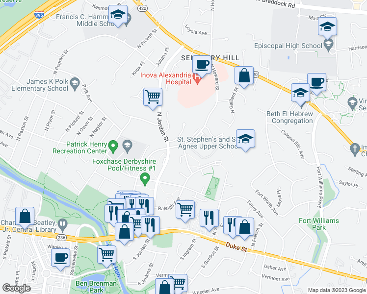map of restaurants, bars, coffee shops, grocery stores, and more near 803 North Howard Street in Alexandria