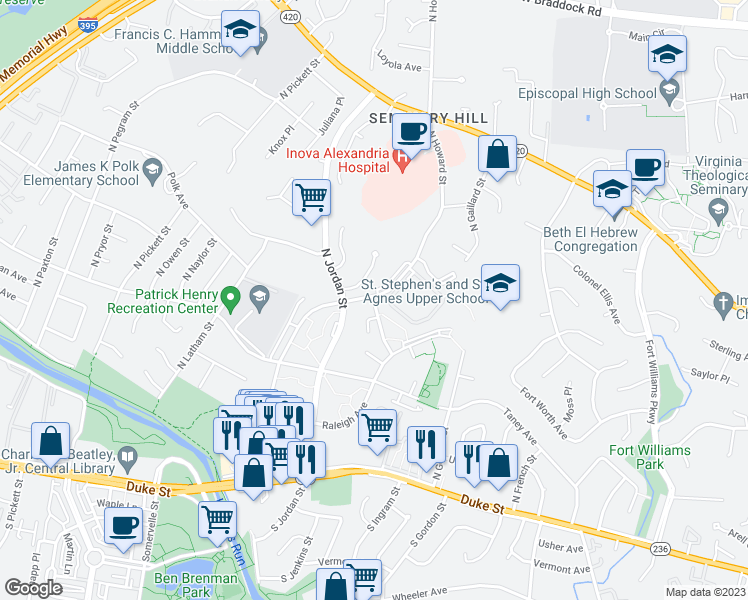 map of restaurants, bars, coffee shops, grocery stores, and more near 805 North Howard Street in Alexandria