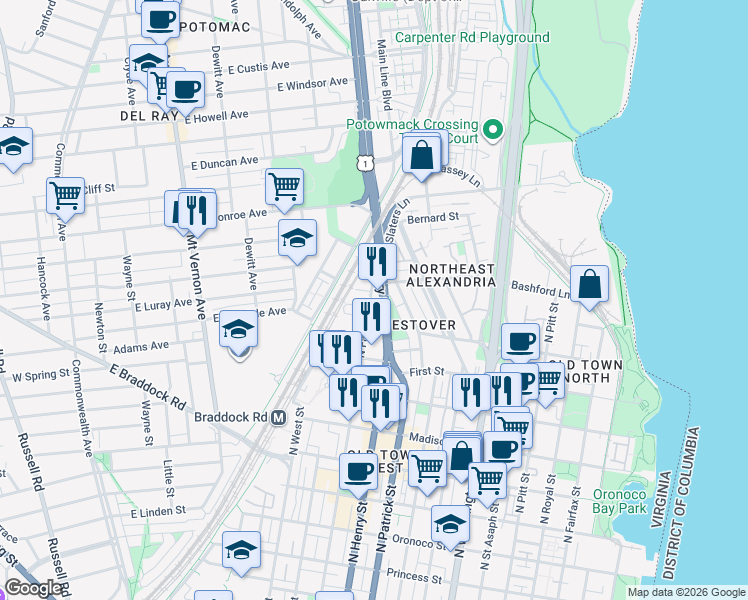 map of restaurants, bars, coffee shops, grocery stores, and more near 1215 North Fayette Street in Alexandria