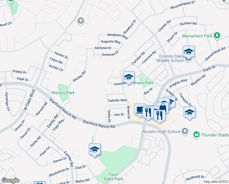 map of restaurants, bars, coffee shops, grocery stores, and more near 2706 San Miguel Court in Rocklin