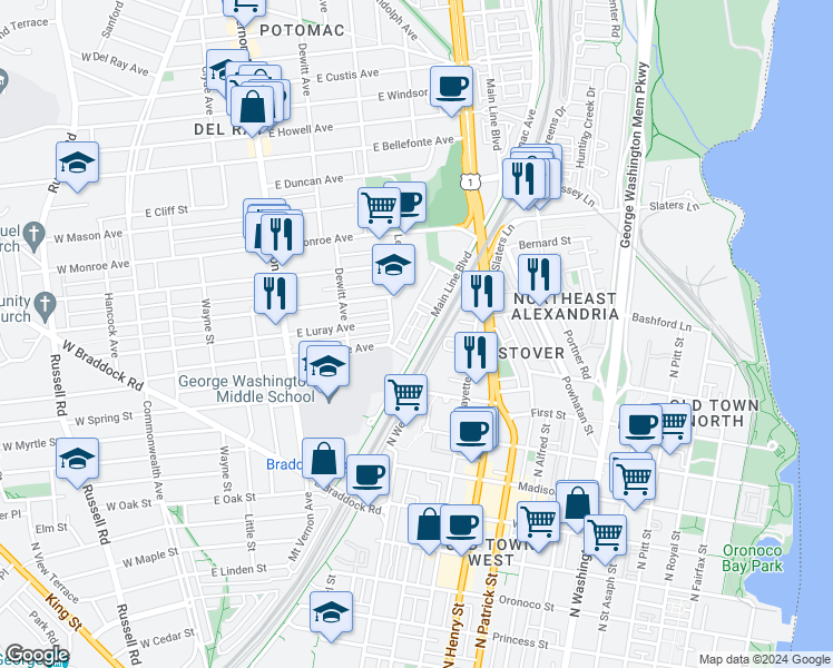 map of restaurants, bars, coffee shops, grocery stores, and more near 1222 Main Line Boulevard in Alexandria