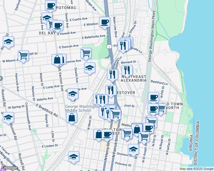 map of restaurants, bars, coffee shops, grocery stores, and more near 1200 North Fayette Street in Alexandria