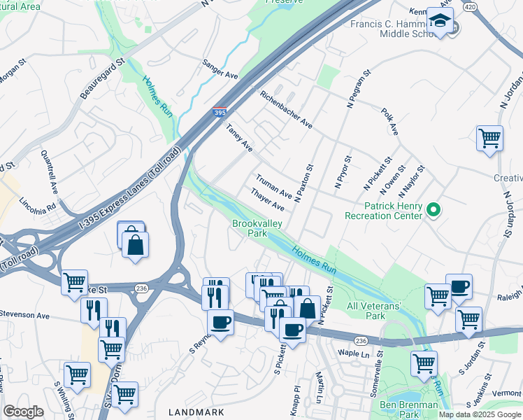map of restaurants, bars, coffee shops, grocery stores, and more near 5343 Holmes Run Parkway in Alexandria