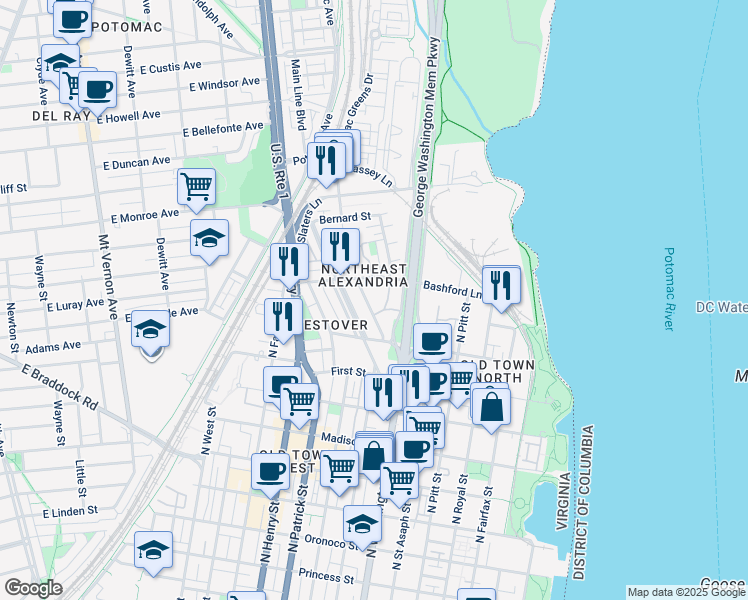 map of restaurants, bars, coffee shops, grocery stores, and more near 1219 Portner Road in Alexandria