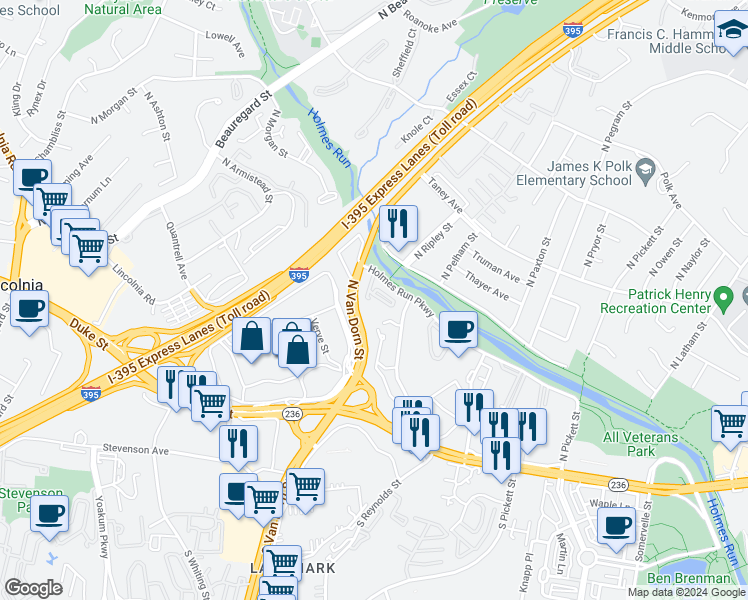 map of restaurants, bars, coffee shops, grocery stores, and more near 5500 Holmes Run Parkway in Alexandria