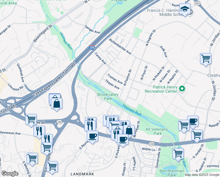 map of restaurants, bars, coffee shops, grocery stores, and more near 5343 Holmes Run Parkway in Alexandria