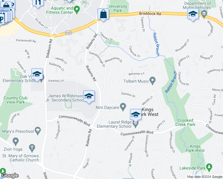 map of restaurants, bars, coffee shops, grocery stores, and more near 4978 Swinton Drive in Fairfax