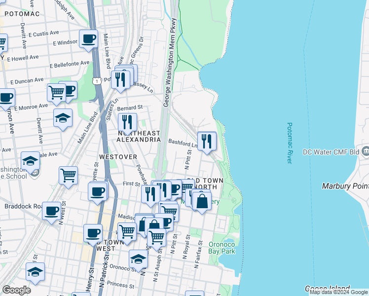 map of restaurants, bars, coffee shops, grocery stores, and more near 500 Bashford Lane in Alexandria