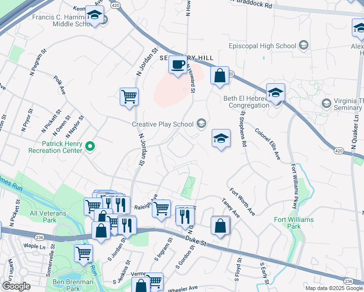 map of restaurants, bars, coffee shops, grocery stores, and more near 801 North Howard Street in Alexandria