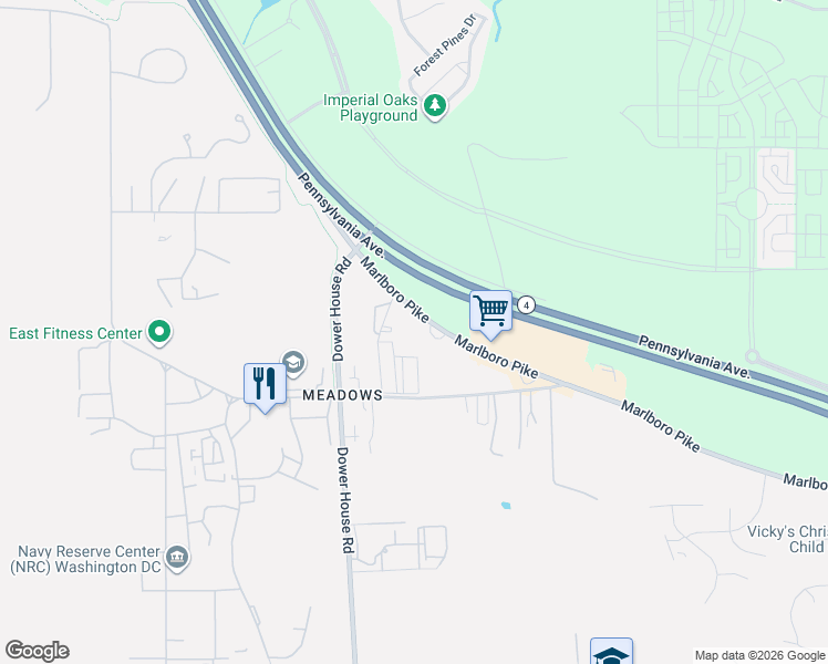 map of restaurants, bars, coffee shops, grocery stores, and more near 9205 Marlboro Pike in Upper Marlboro
