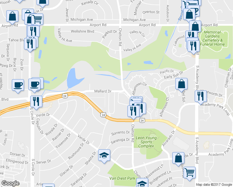 map of restaurants, bars, coffee shops, grocery stores, and more near 3140 Mallard Drive in Colorado Springs