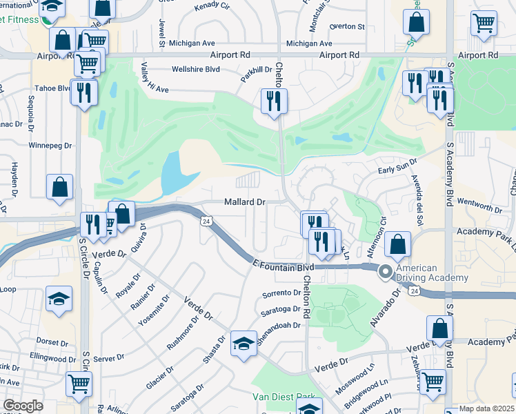 map of restaurants, bars, coffee shops, grocery stores, and more near 3140 Mallard Drive in Colorado Springs
