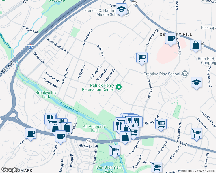 map of restaurants, bars, coffee shops, grocery stores, and more near 4801 Taney Avenue in Alexandria