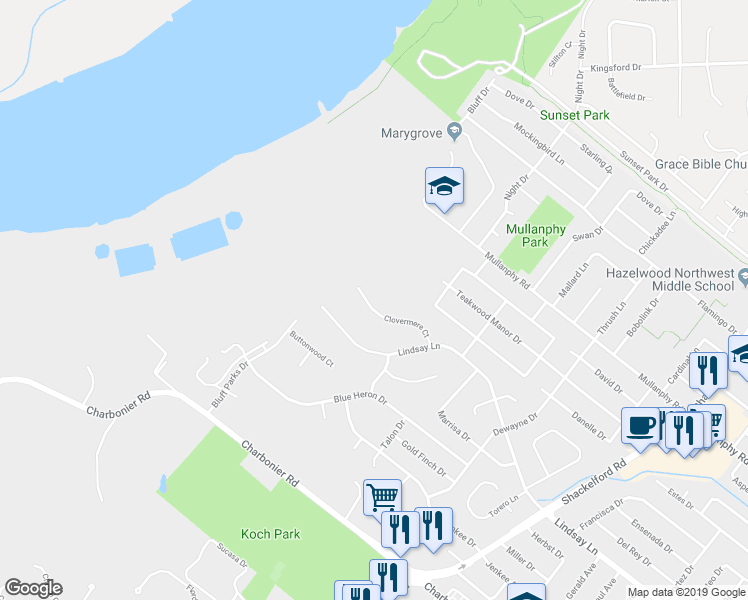 map of restaurants, bars, coffee shops, grocery stores, and more near 2627 Clovermere Court in Florissant