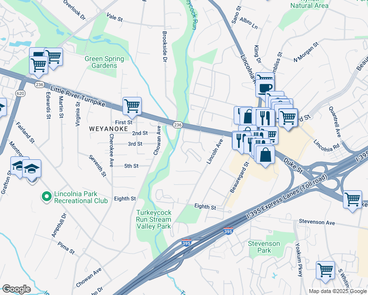 map of restaurants, bars, coffee shops, grocery stores, and more near 4905 Southland Avenue in Lincolnia