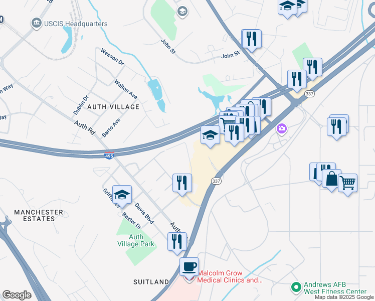 map of restaurants, bars, coffee shops, grocery stores, and more near 5215 Morris Ave in Suitland