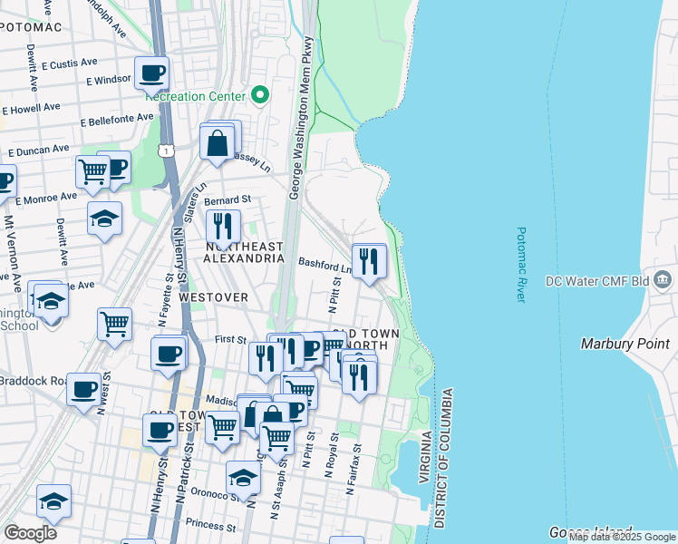 map of restaurants, bars, coffee shops, grocery stores, and more near 500 Bashford Lane in Alexandria