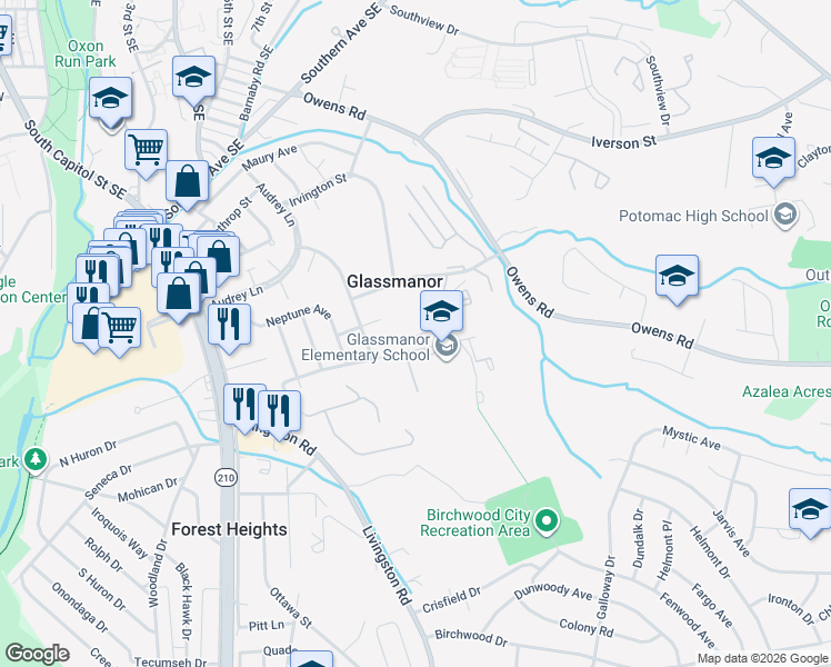 map of restaurants, bars, coffee shops, grocery stores, and more near 908 Marcy Avenue in Oxon Hill