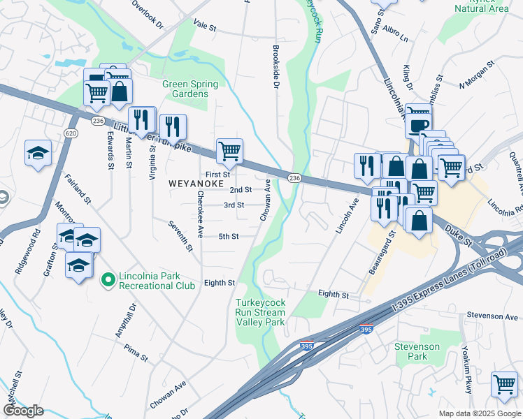 map of restaurants, bars, coffee shops, grocery stores, and more near 6401 3rd Street in Alexandria