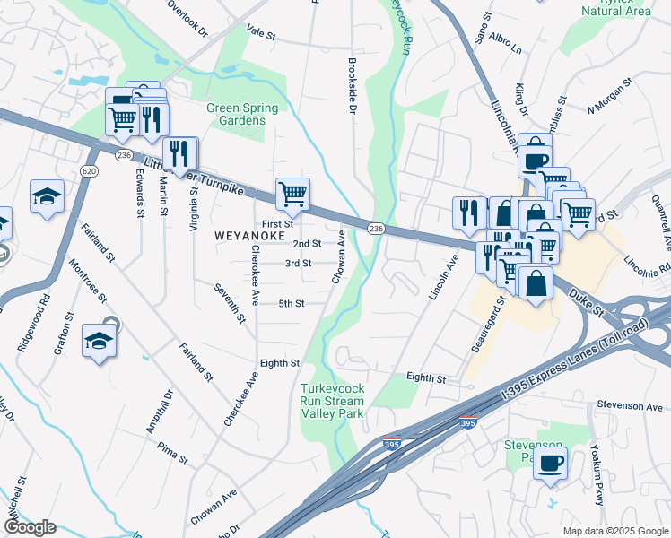 map of restaurants, bars, coffee shops, grocery stores, and more near 6401 3rd Street in Alexandria