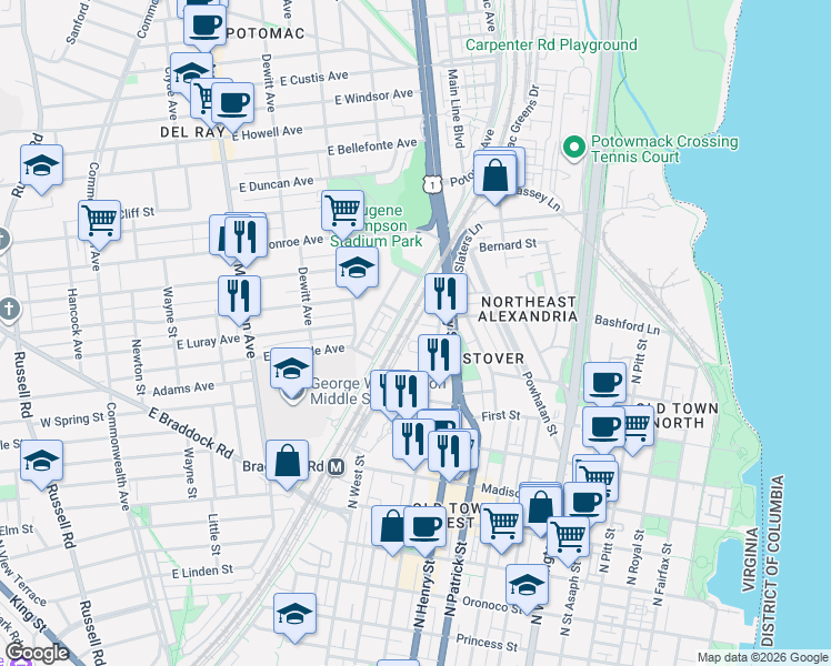 map of restaurants, bars, coffee shops, grocery stores, and more near 1200 North Fayette Street in Alexandria