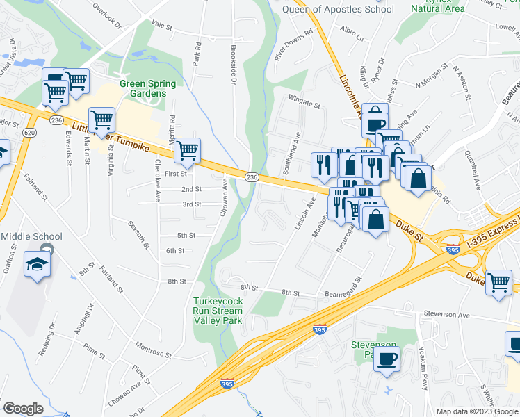 map of restaurants, bars, coffee shops, grocery stores, and more near 4905 Southland Avenue in Alexandria