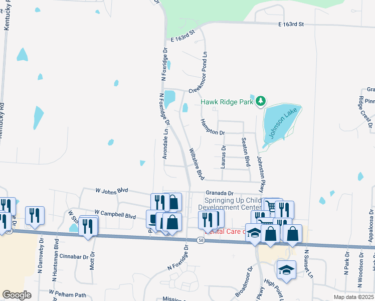 map of restaurants, bars, coffee shops, grocery stores, and more near 1221 Wiltshire Boulevard in Raymore