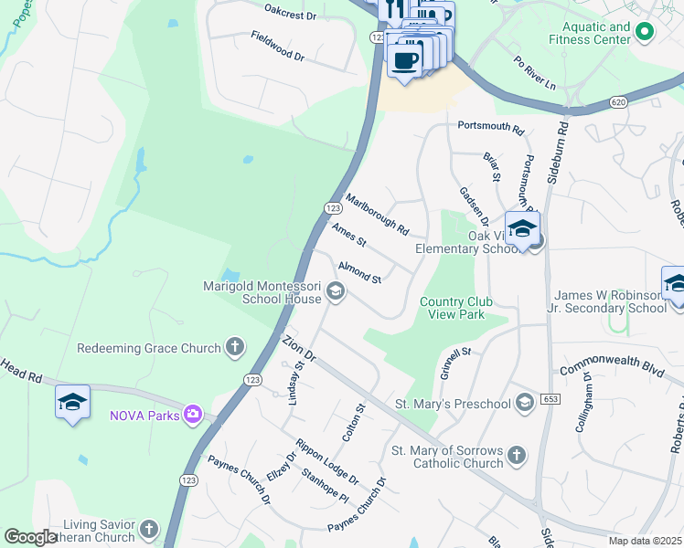 map of restaurants, bars, coffee shops, grocery stores, and more near 5302 Portsmouth Road in Fairfax