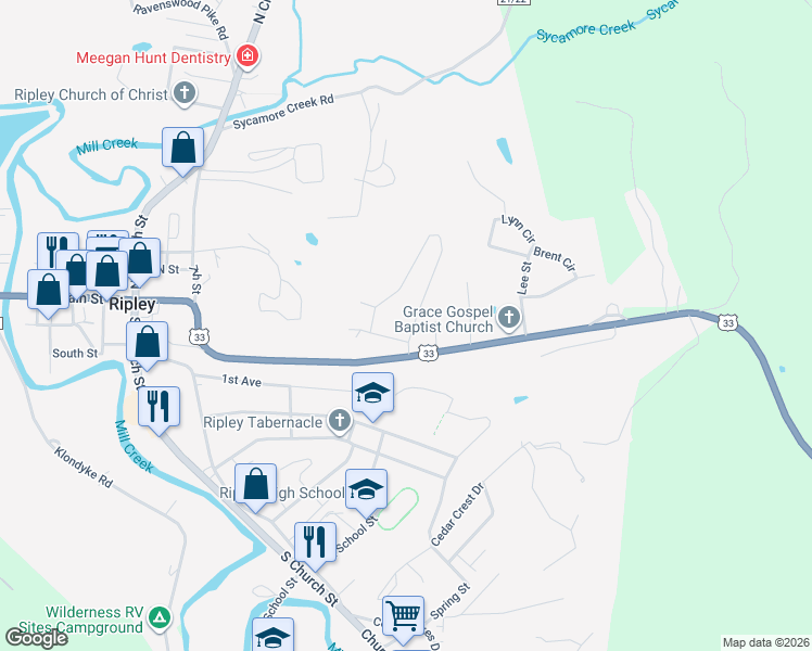 map of restaurants, bars, coffee shops, grocery stores, and more near 100 Highlawn Heights in Ripley