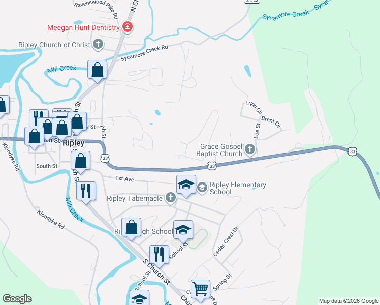 map of restaurants, bars, coffee shops, grocery stores, and more near 100 Highlawn Heights in Ripley