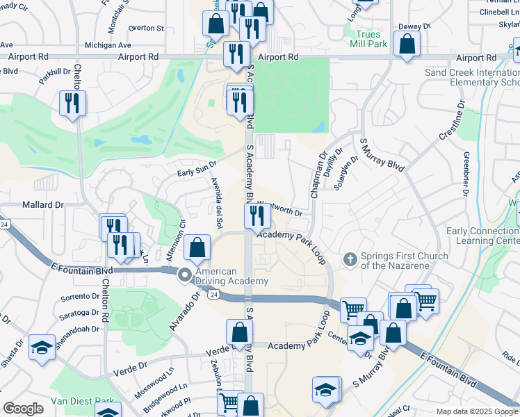 map of restaurants, bars, coffee shops, grocery stores, and more near 1334 Inverness Drive in Colorado Springs