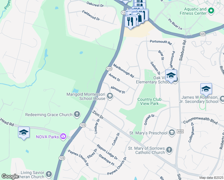 map of restaurants, bars, coffee shops, grocery stores, and more near 5302 Portsmouth Road in Fairfax
